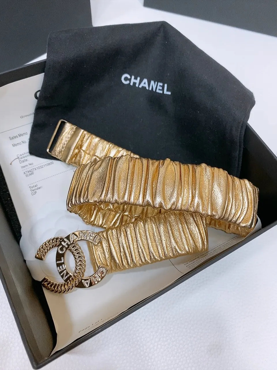 rhinestone Chanel Gold Ruched Leather Belt - Hình 2
