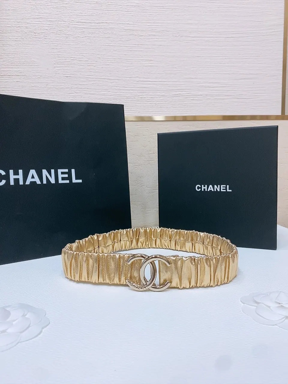 Chanel Gold Ruched Fabric Belt