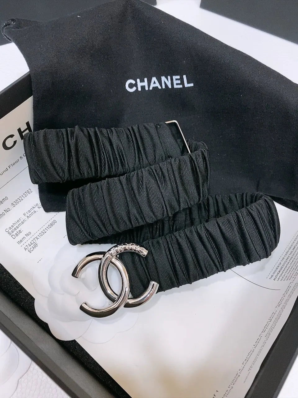 fabric Chanel Black Ruched Belt - Hình 2