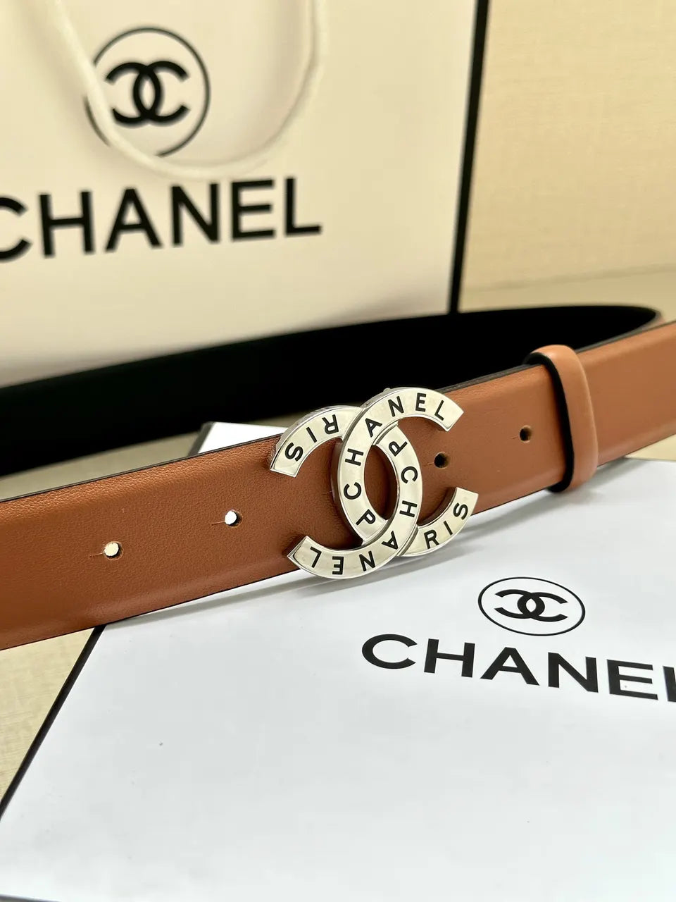 silver Chanel Brown Leather Belt