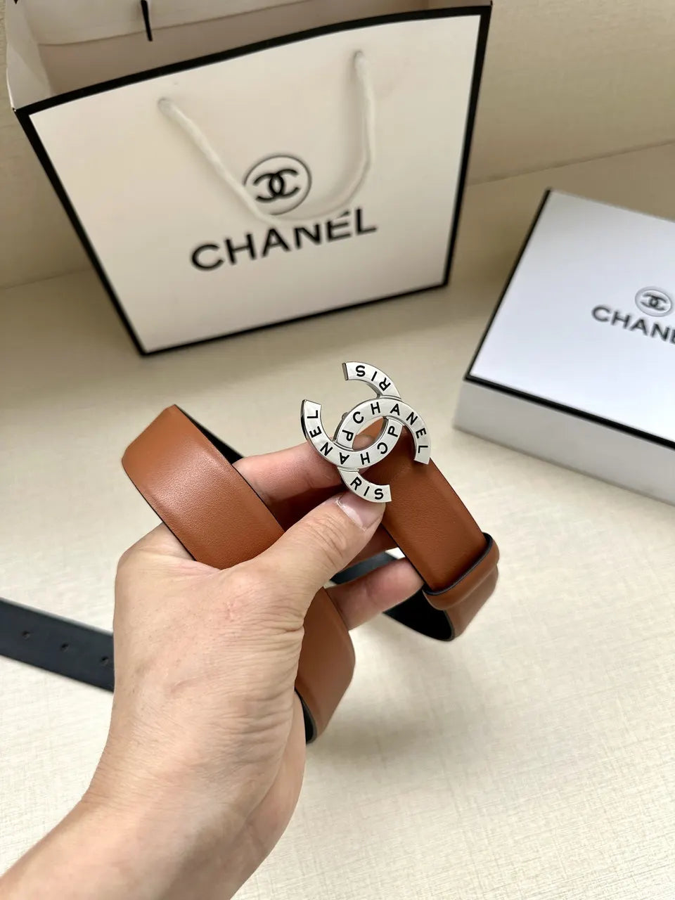 silver Chanel Brown Leather Belt - Hình 2