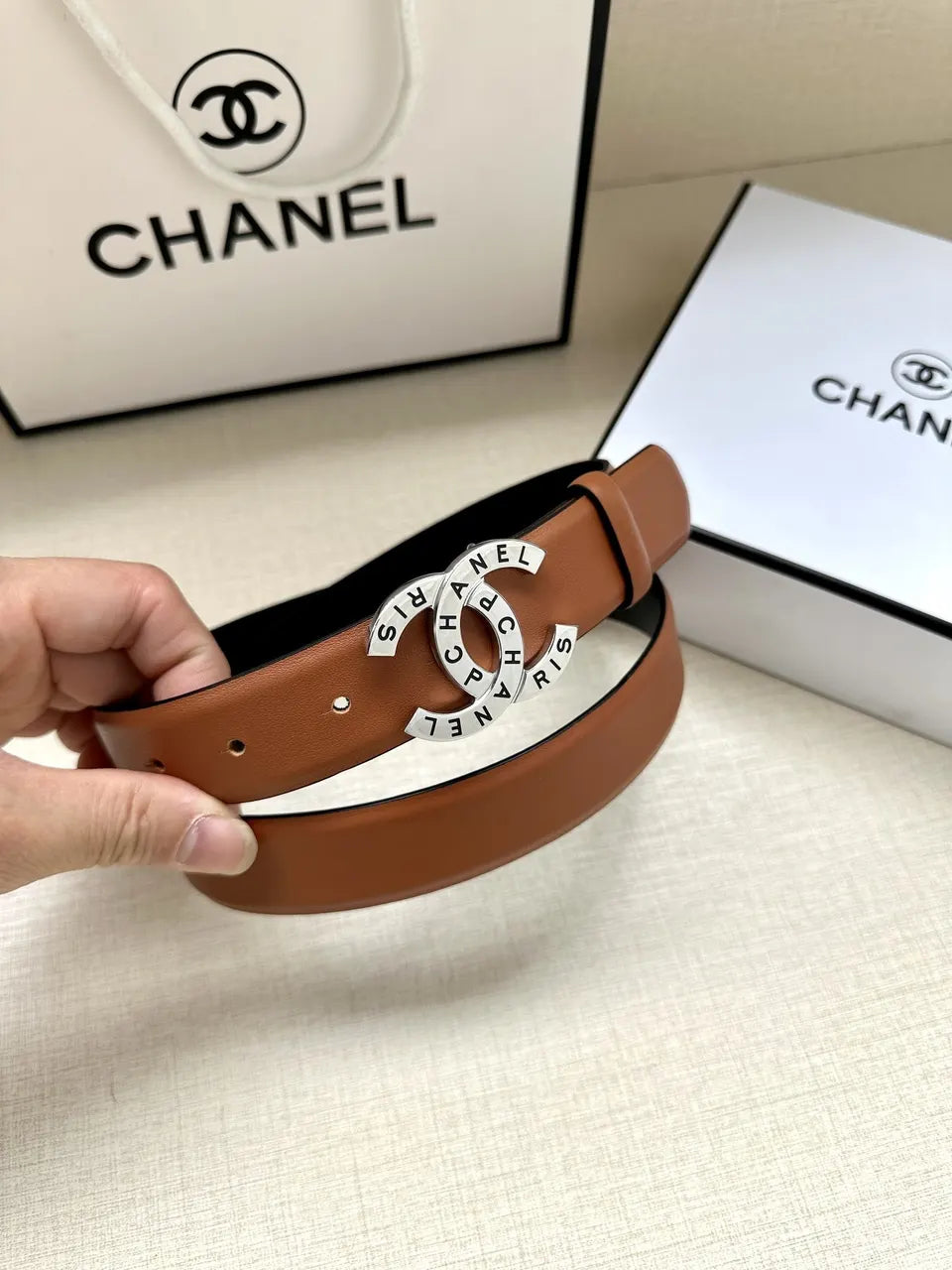 silver Chanel Brown Leather Belt - Hình 3