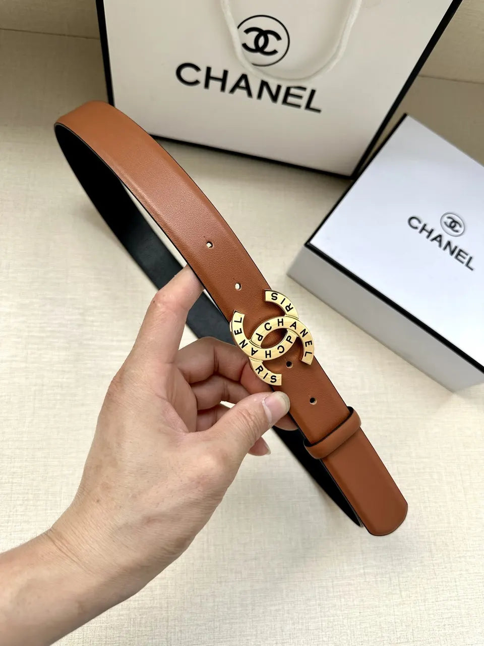 silver Chanel Brown Leather Belt - Hình 4