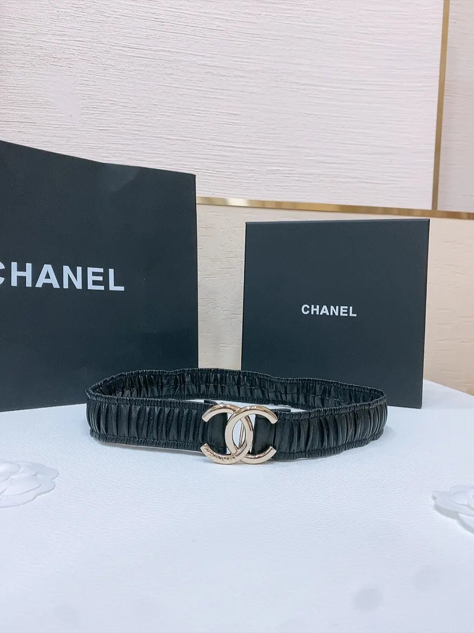 gold Chanel Black Ruched Belt