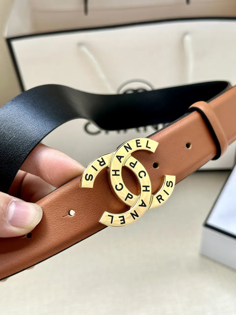 silver Chanel Brown Leather Belt - Hình 5