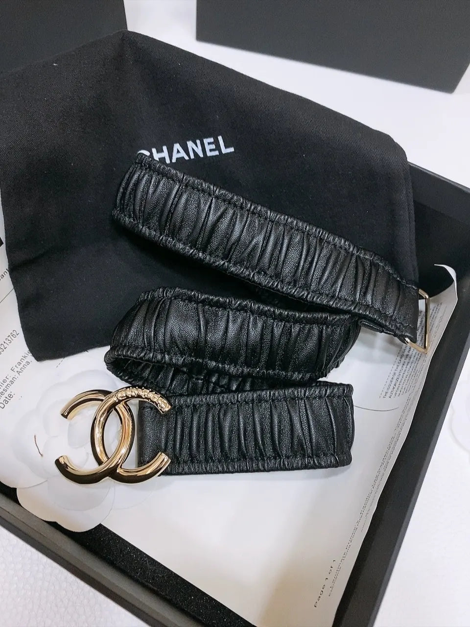 gold Chanel Black Ruched Belt - Hình 2