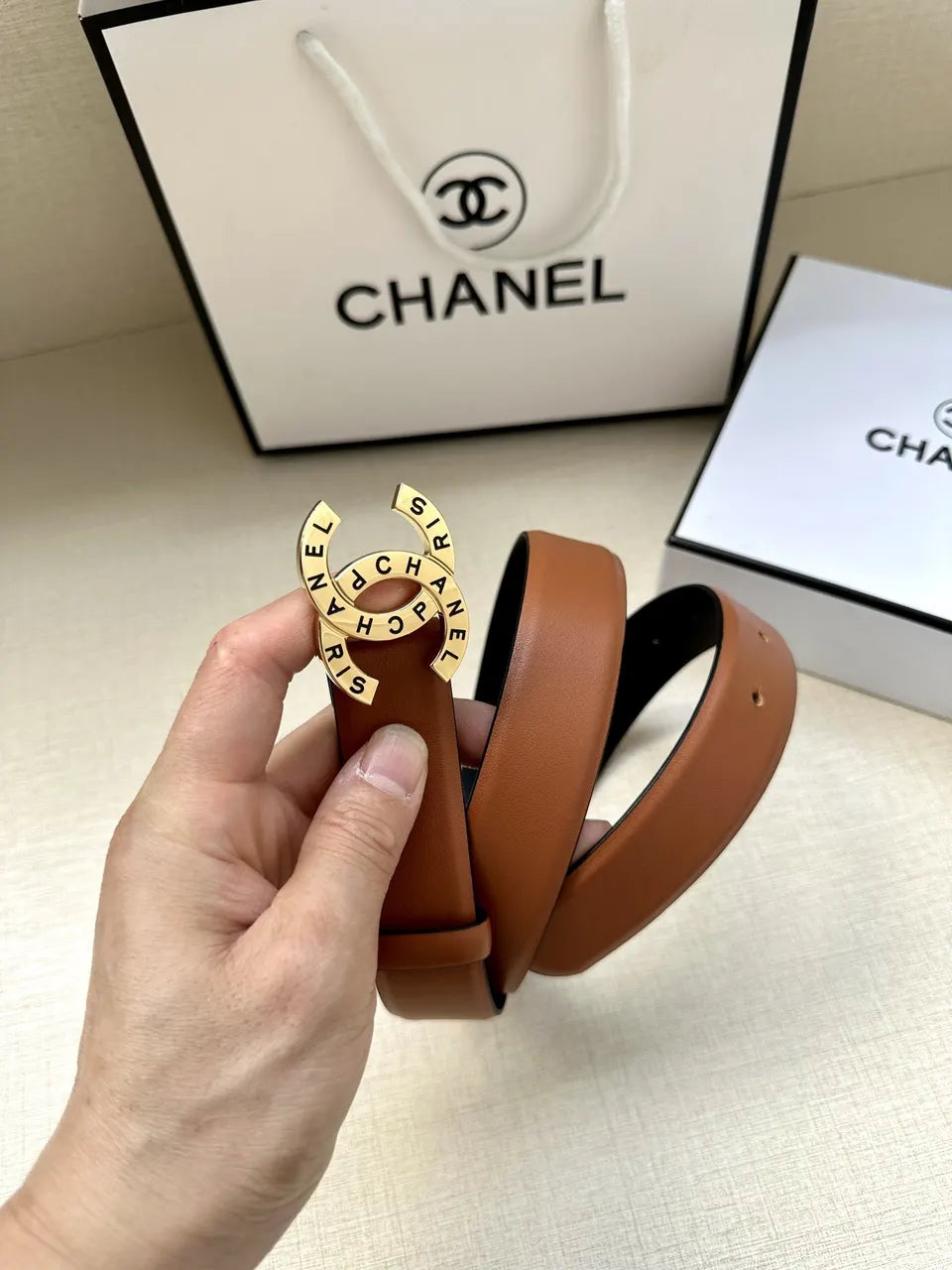 silver Chanel Brown Leather Belt - Hình 6
