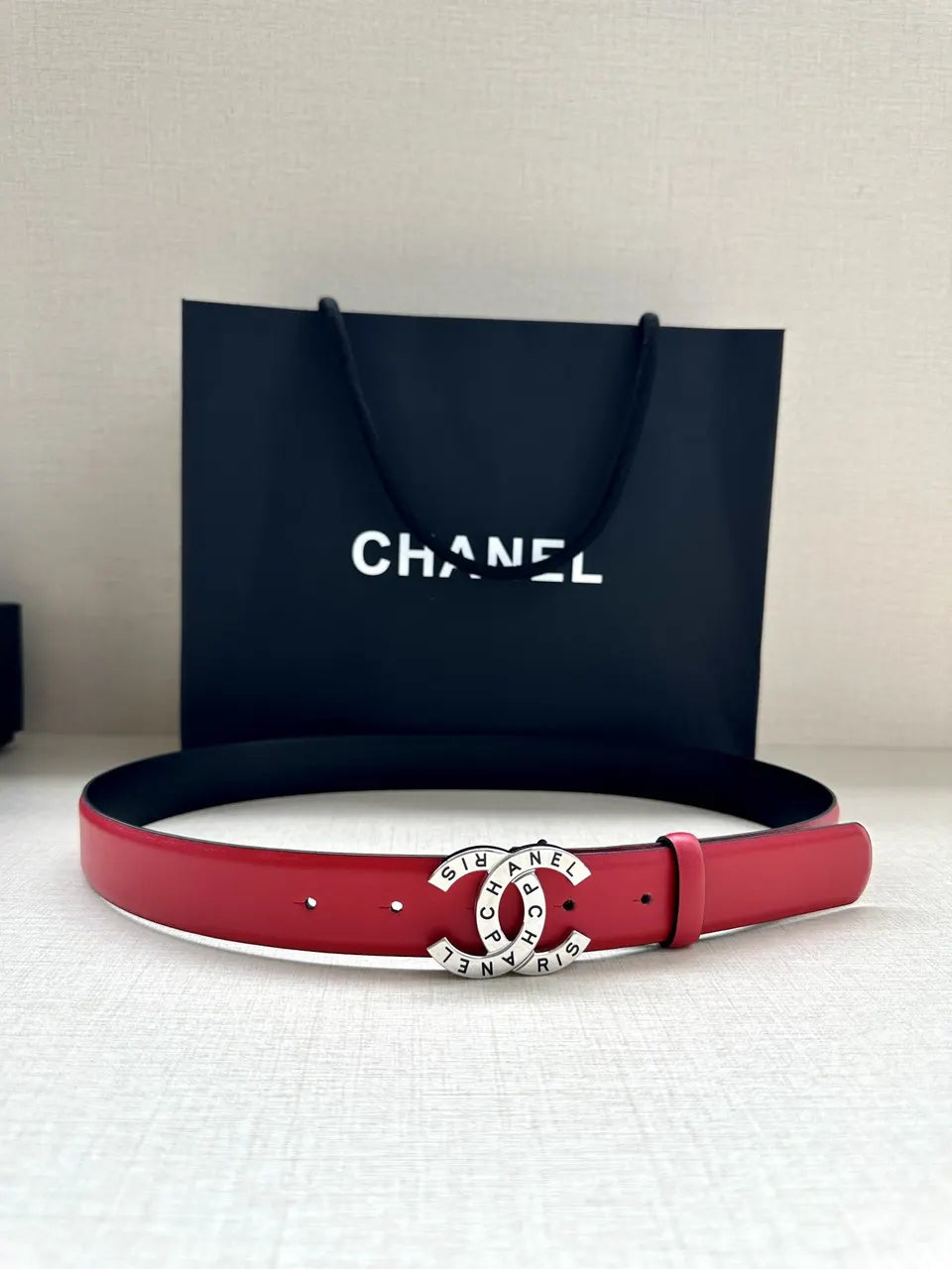 silver Chanel Red Leather Belt