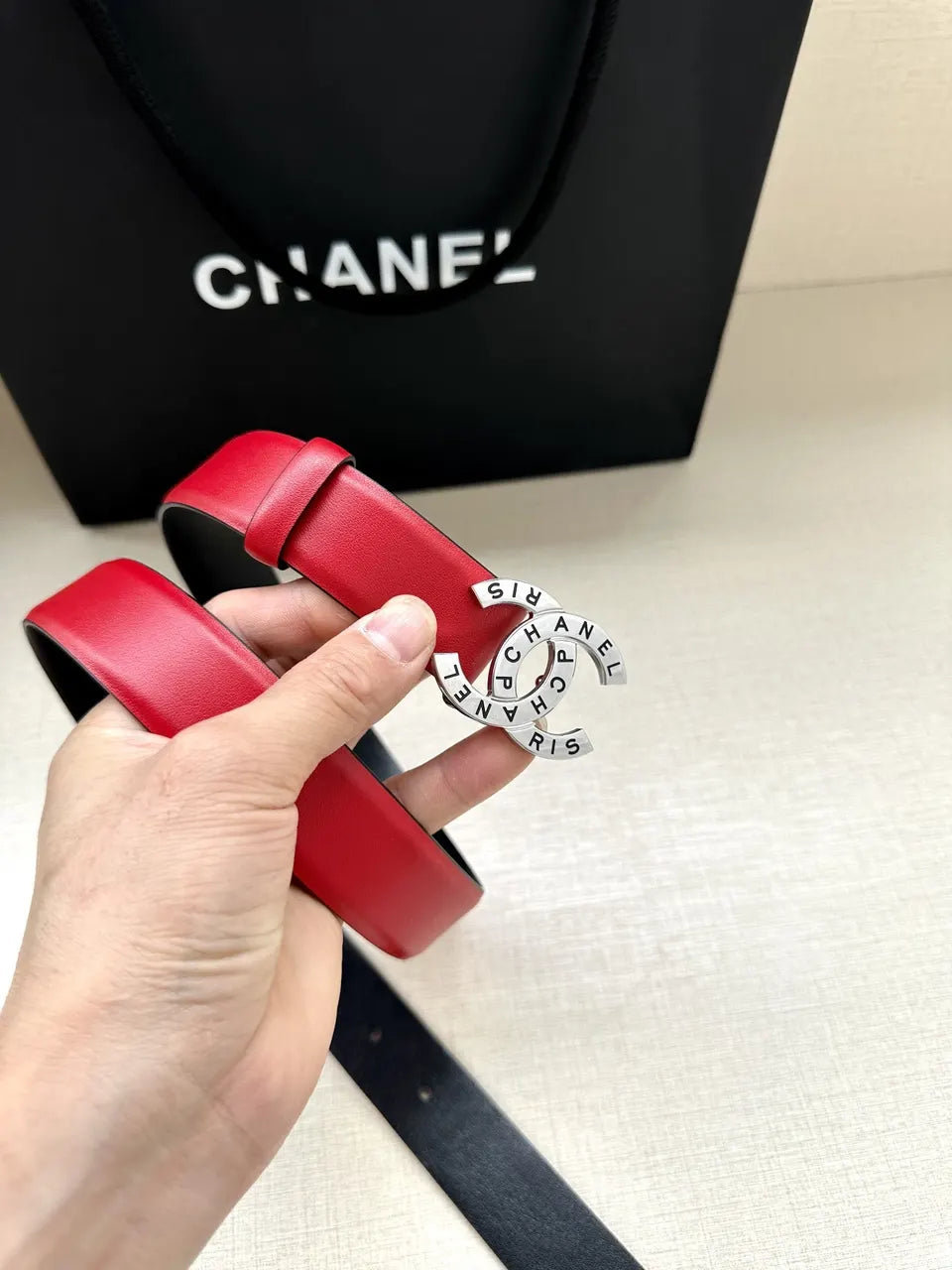 silver Chanel Red Leather Belt - Hình 2