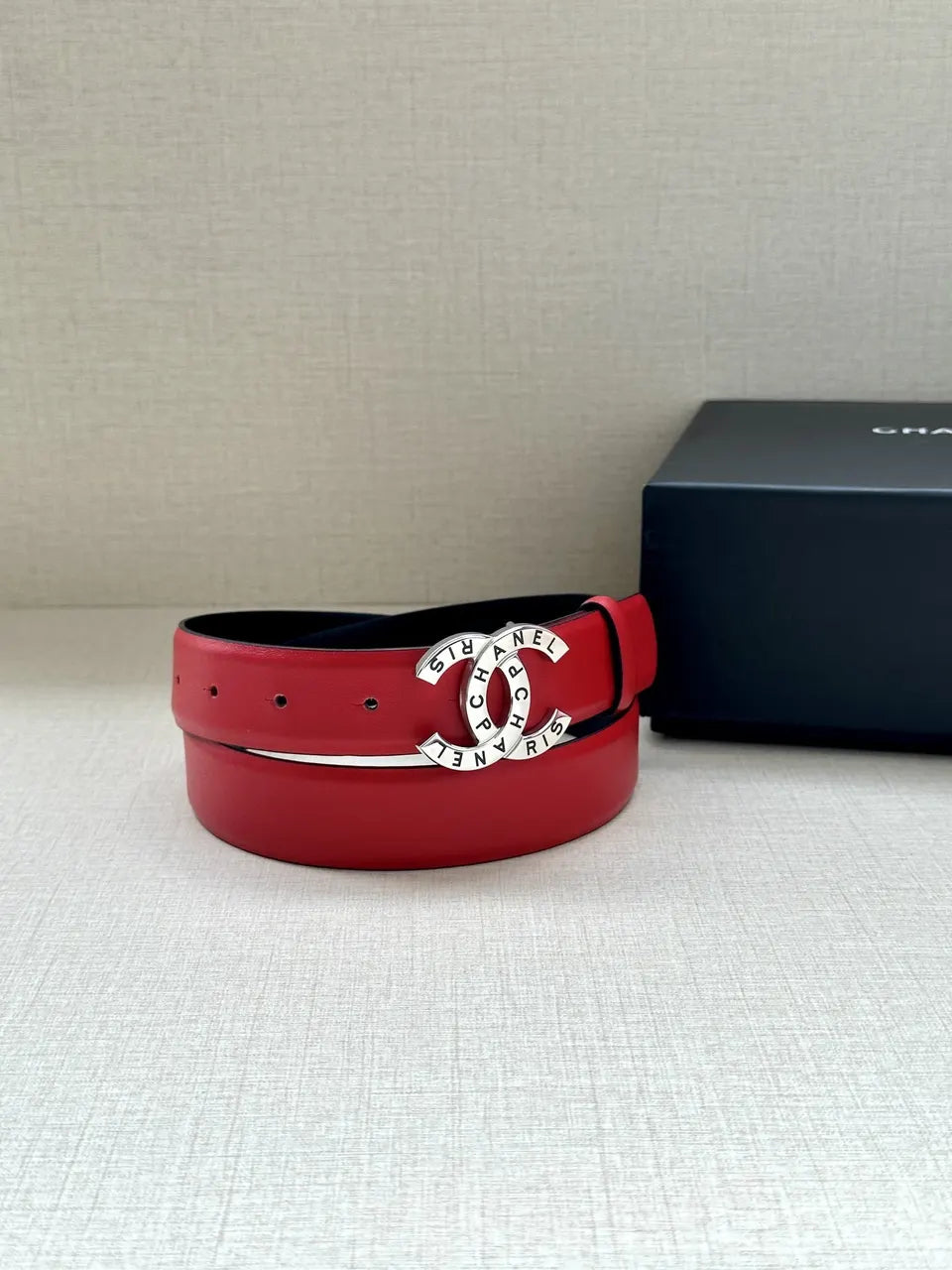silver Chanel Red Leather Belt - Hình 3