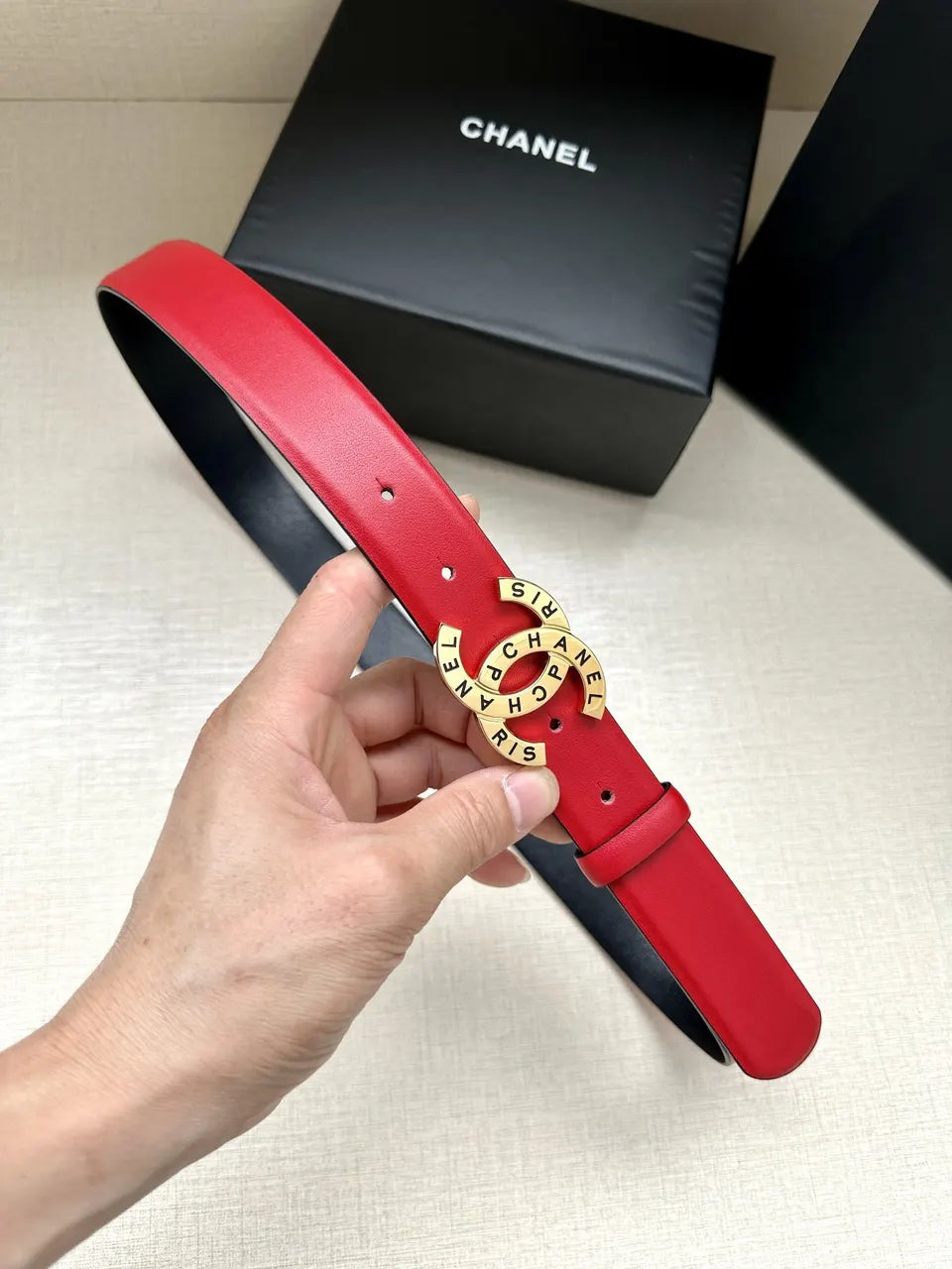 silver Chanel Red Leather Belt - Hình 5