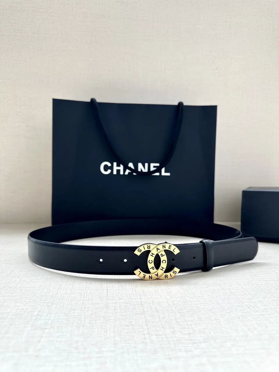 gold logo Chanel Black Leather Belt