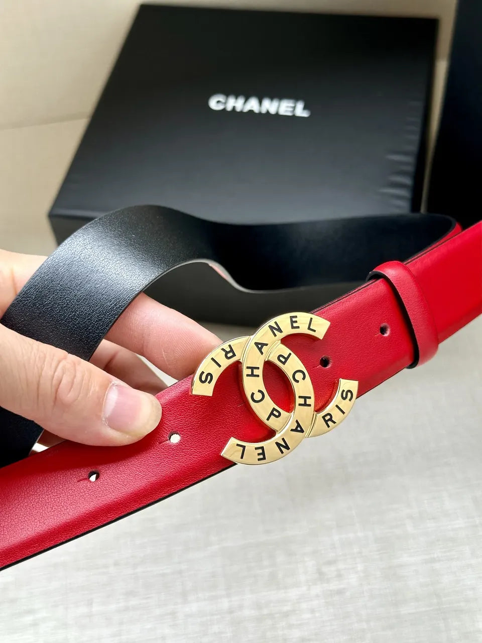 silver Chanel Red Leather Belt - Hình 6