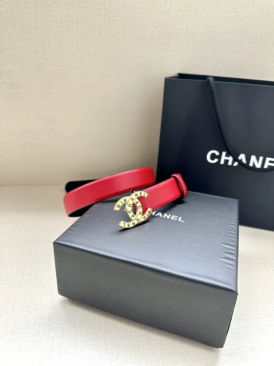 silver Chanel Red Leather Belt - Hình 7