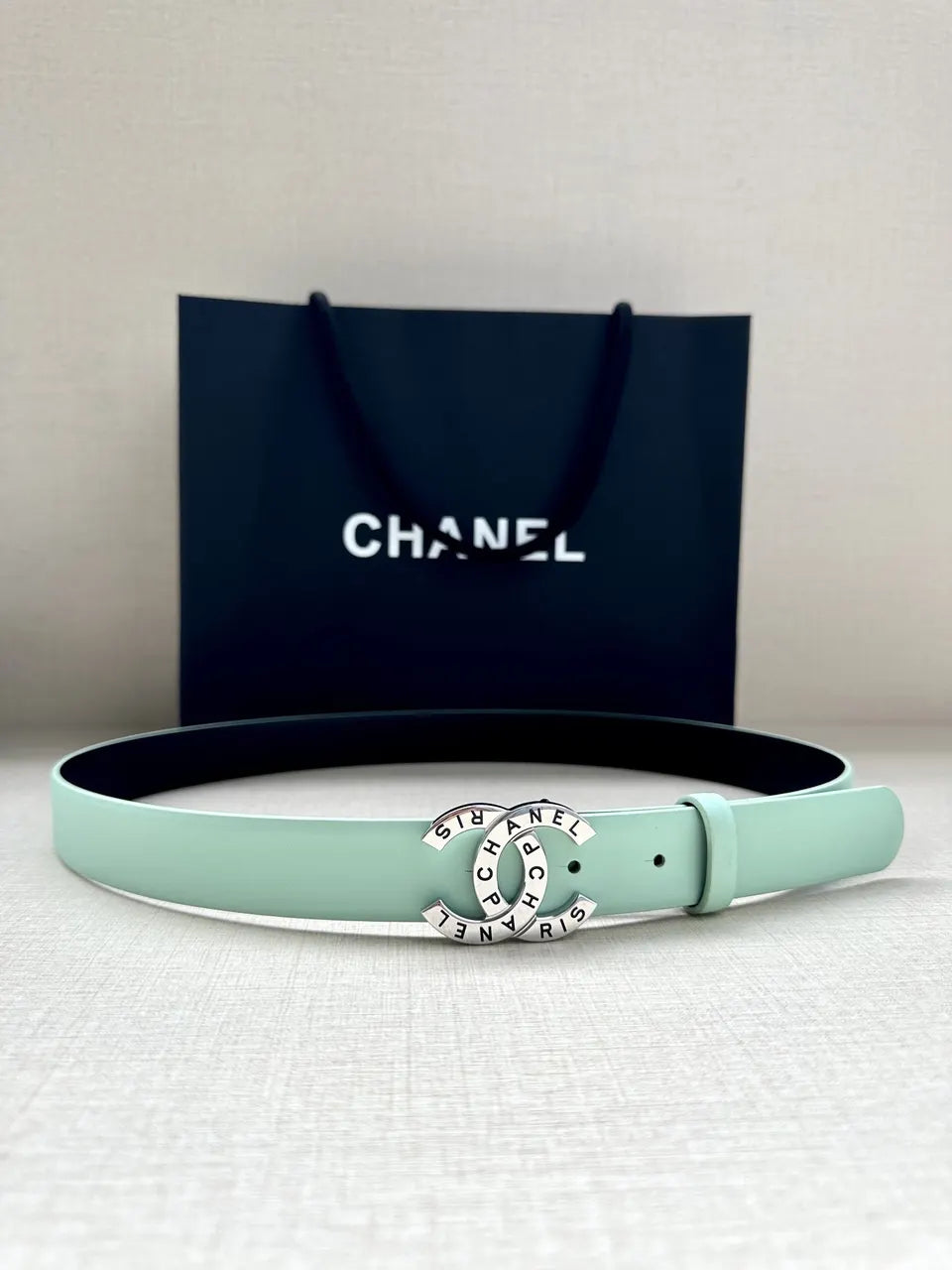 silver Chanel Mint Green Leather Belt