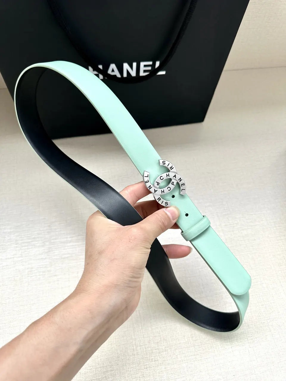 silver Chanel Mint Green Leather Belt - Hình 2