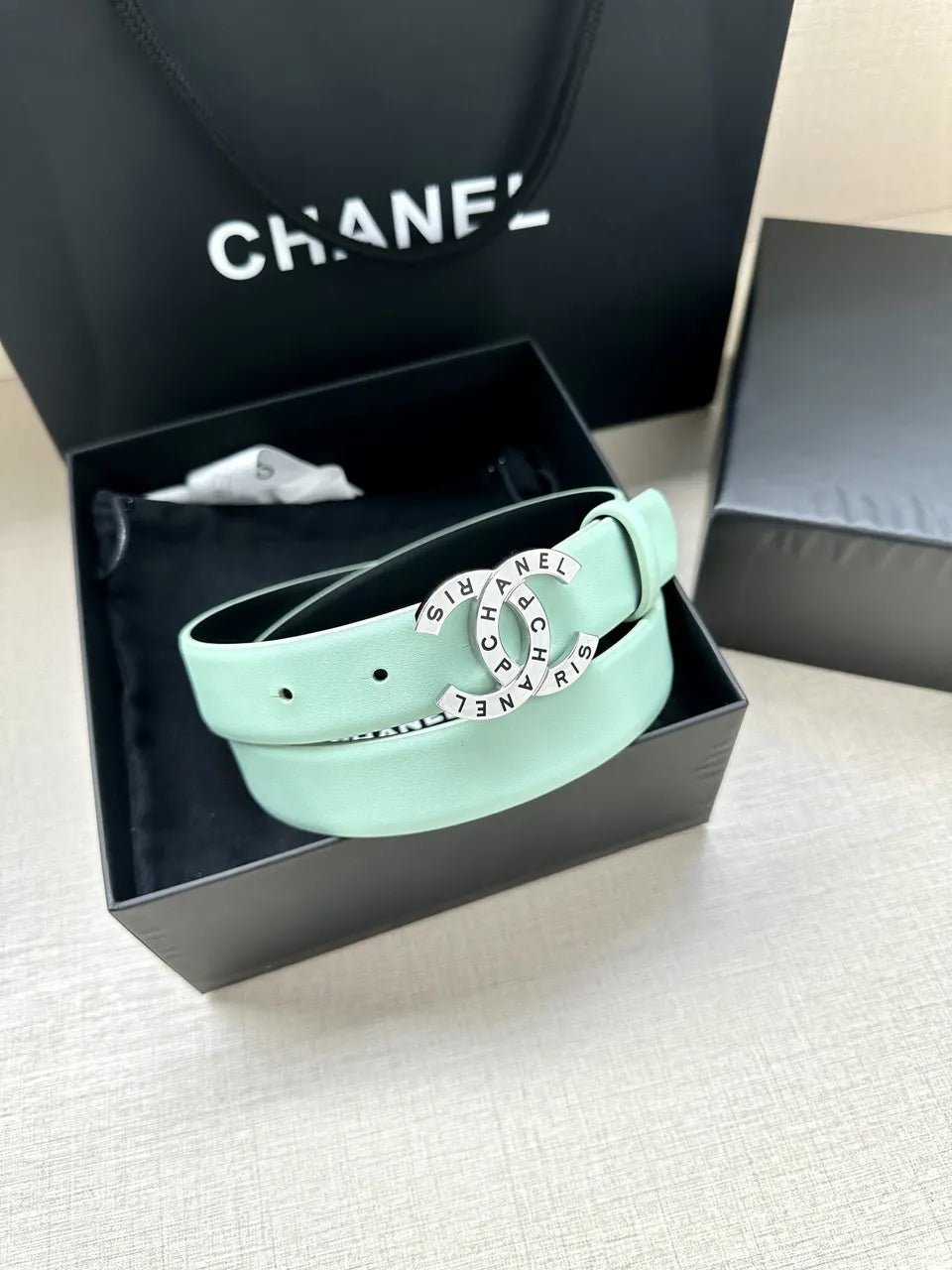 silver Chanel Mint Green Leather Belt - Hình 3