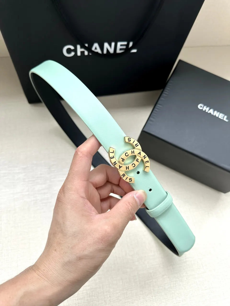 silver Chanel Mint Green Leather Belt - Hình 4