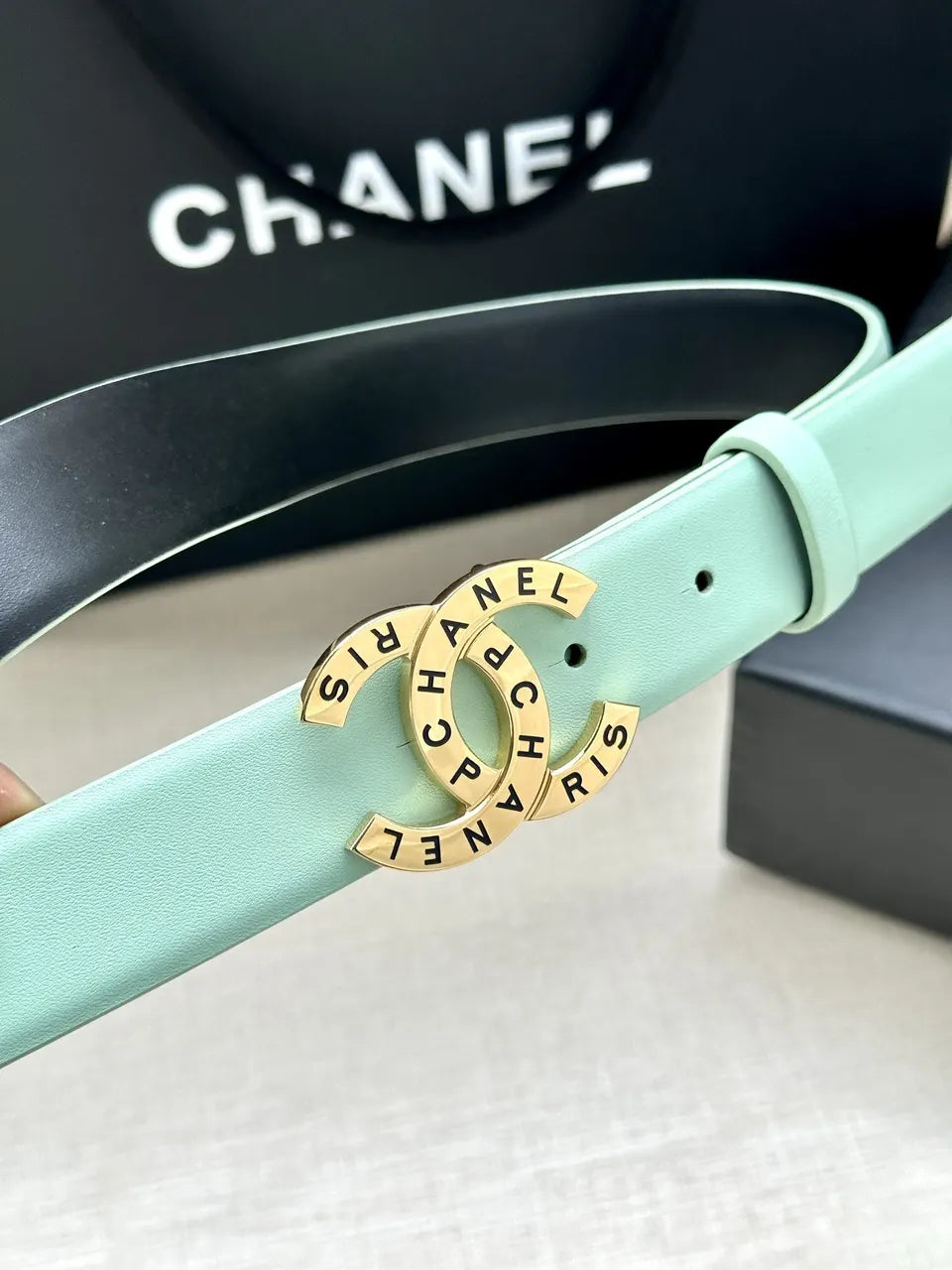 silver Chanel Mint Green Leather Belt - Hình 5