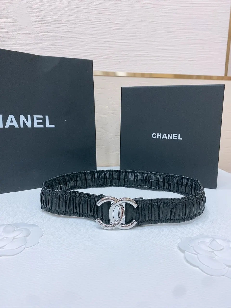 silver Chanel Ruched Black Leather Belt