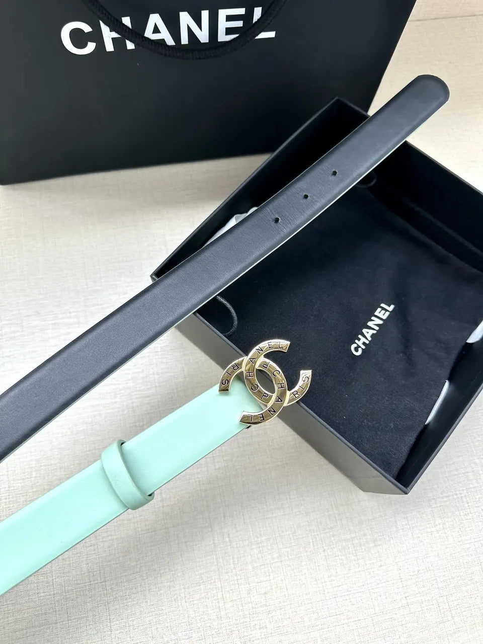 silver Chanel Mint Green Leather Belt - Hình 6