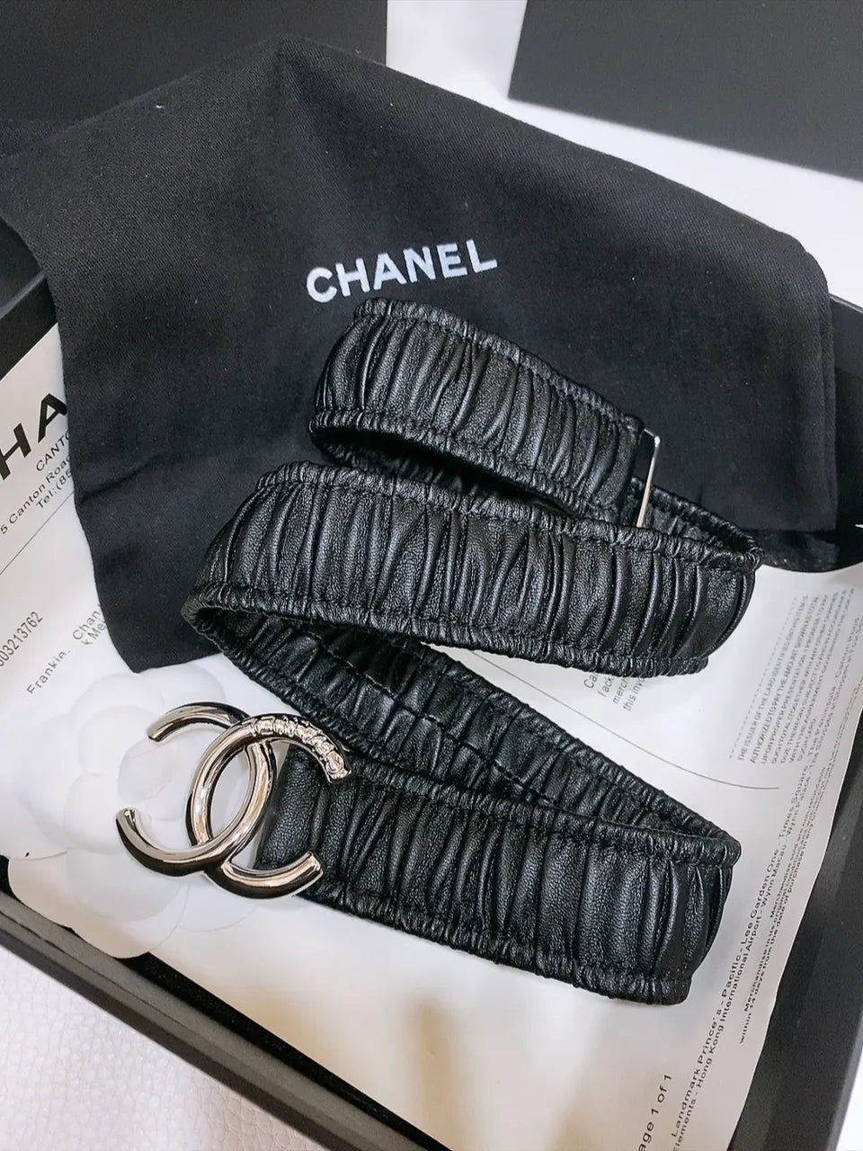 silver Chanel Ruched Black Leather Belt - Hình 2
