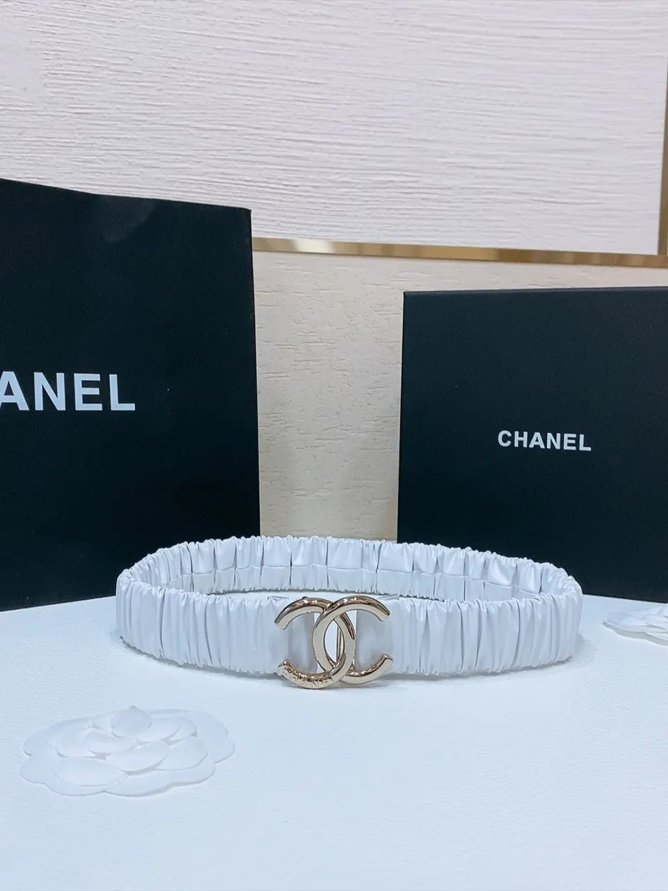 gold Chanel White Ruched Belt