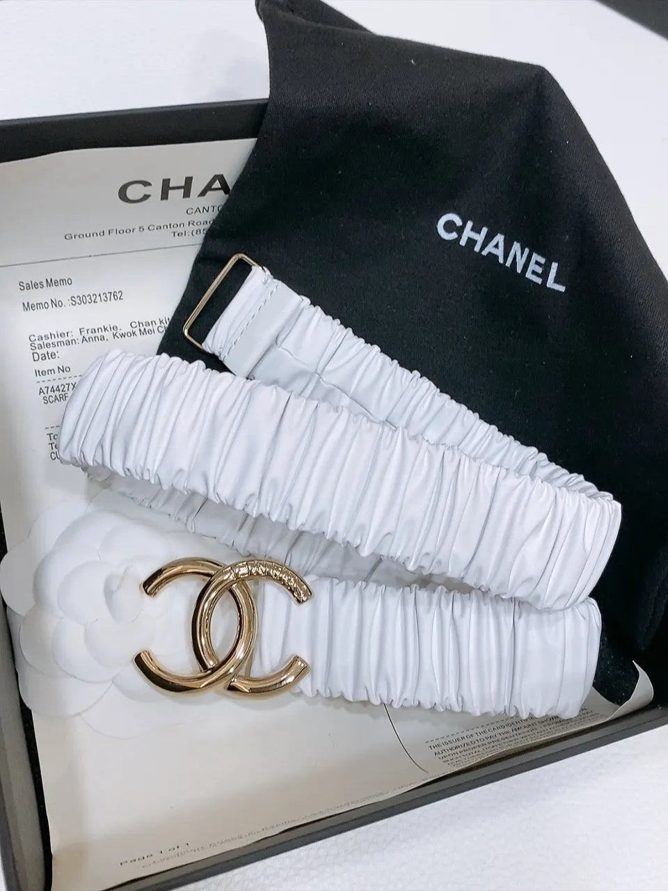 gold Chanel White Ruched Belt - Hình 2