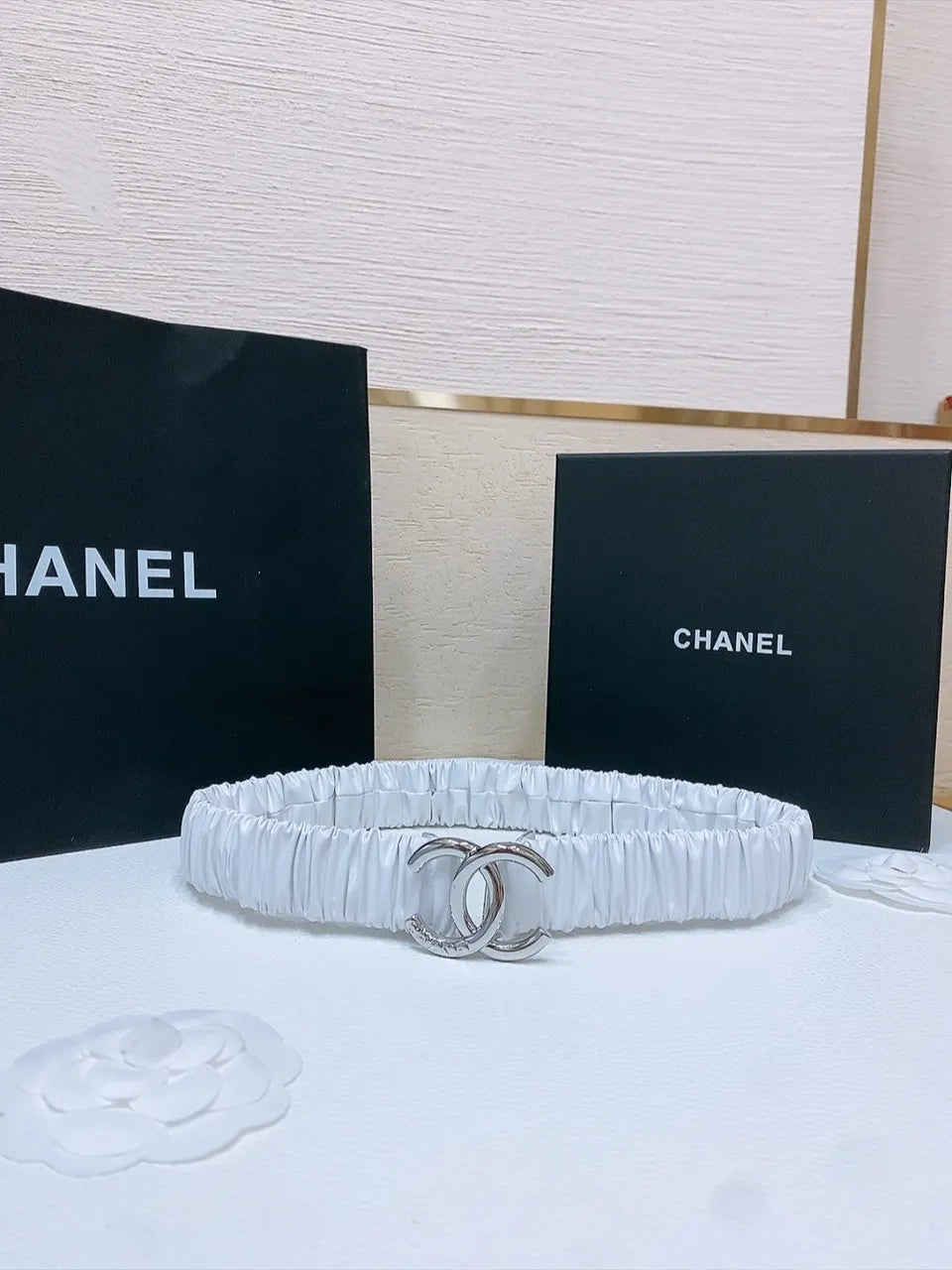 silver Chanel White Ruched Belt