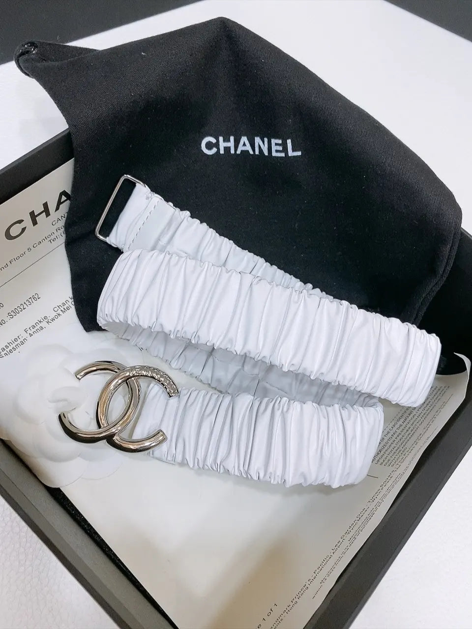 silver Chanel White Ruched Belt - Hình 2