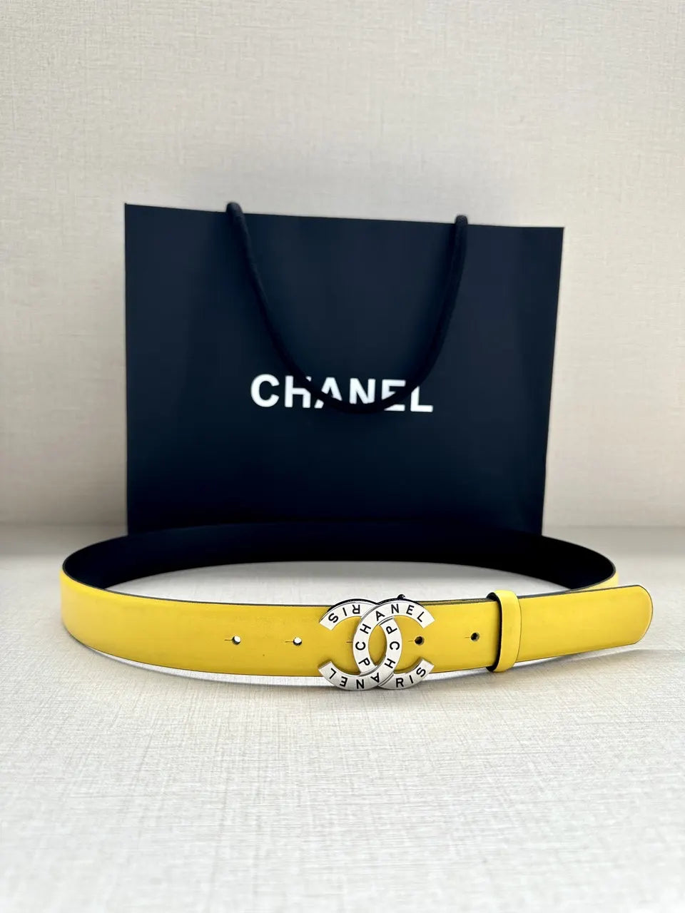 silver Chanel Yellow Leather Belt