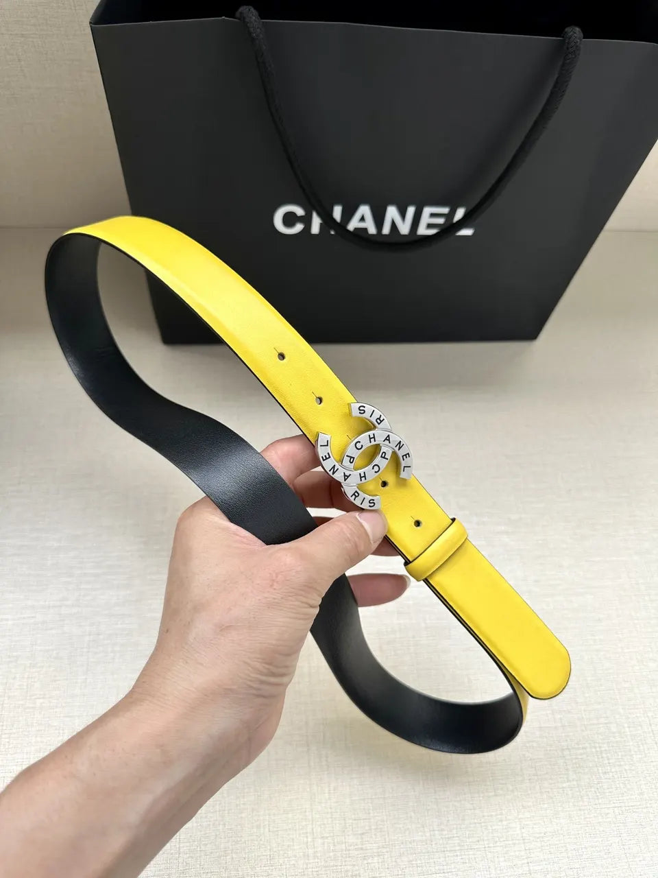 silver Chanel Yellow Leather Belt - Hình 2