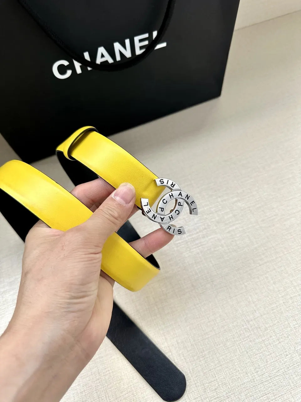 silver Chanel Yellow Leather Belt - Hình 3