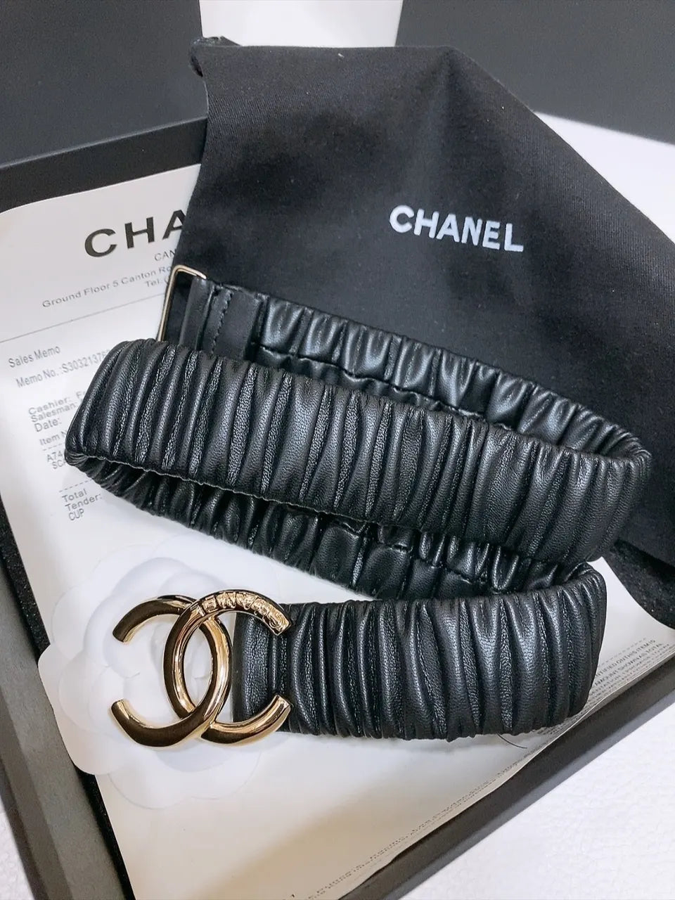 Chanel Black Ruched Elastic Belt - Hình 2