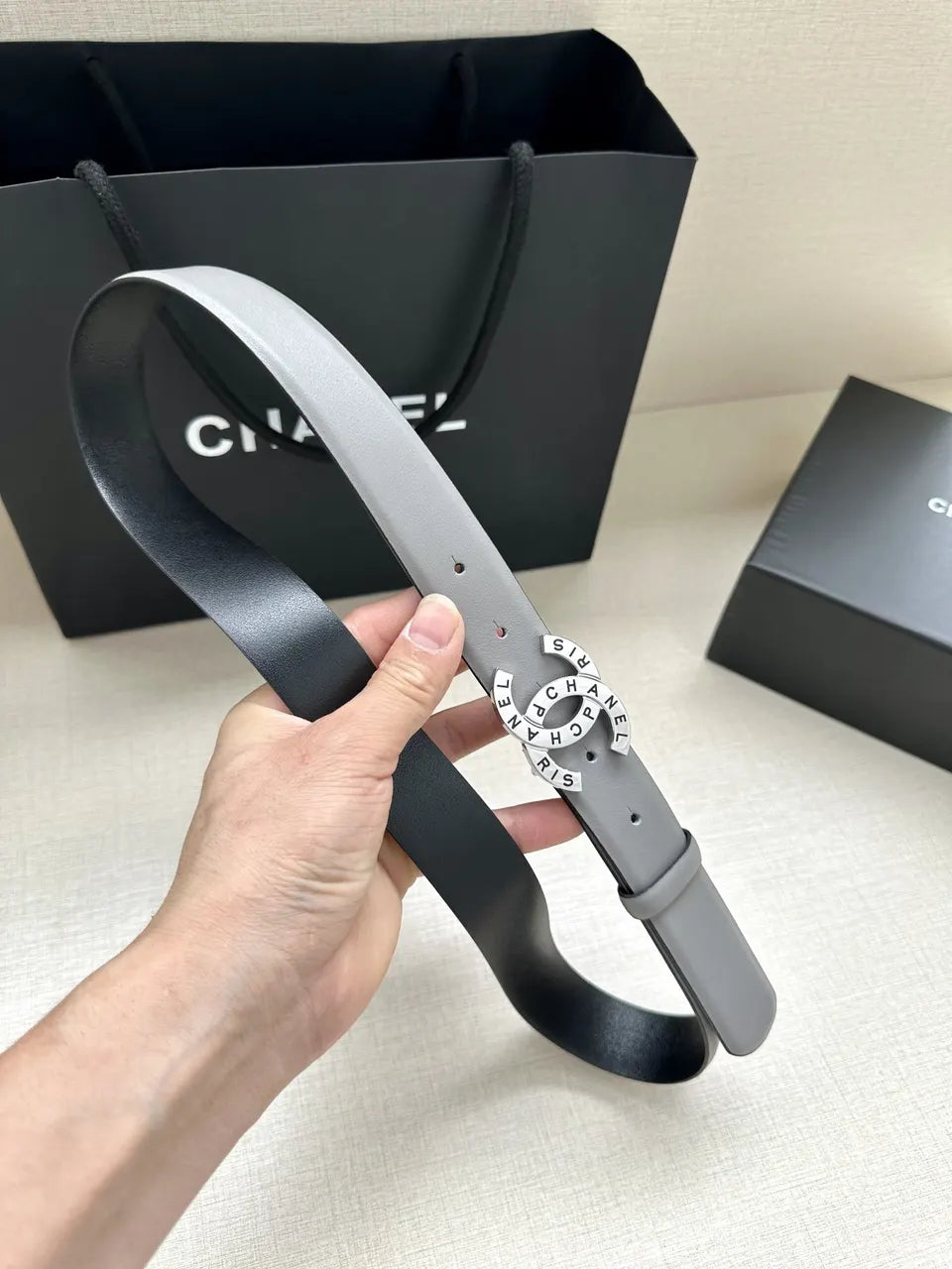 silver Chanel Grey Leather Belt - Hình 2