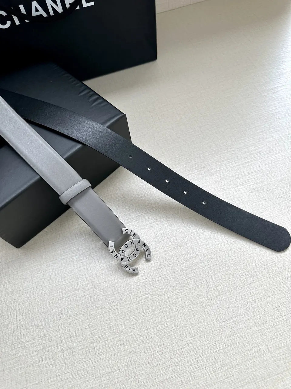 silver Chanel Grey Leather Belt - Hình 3