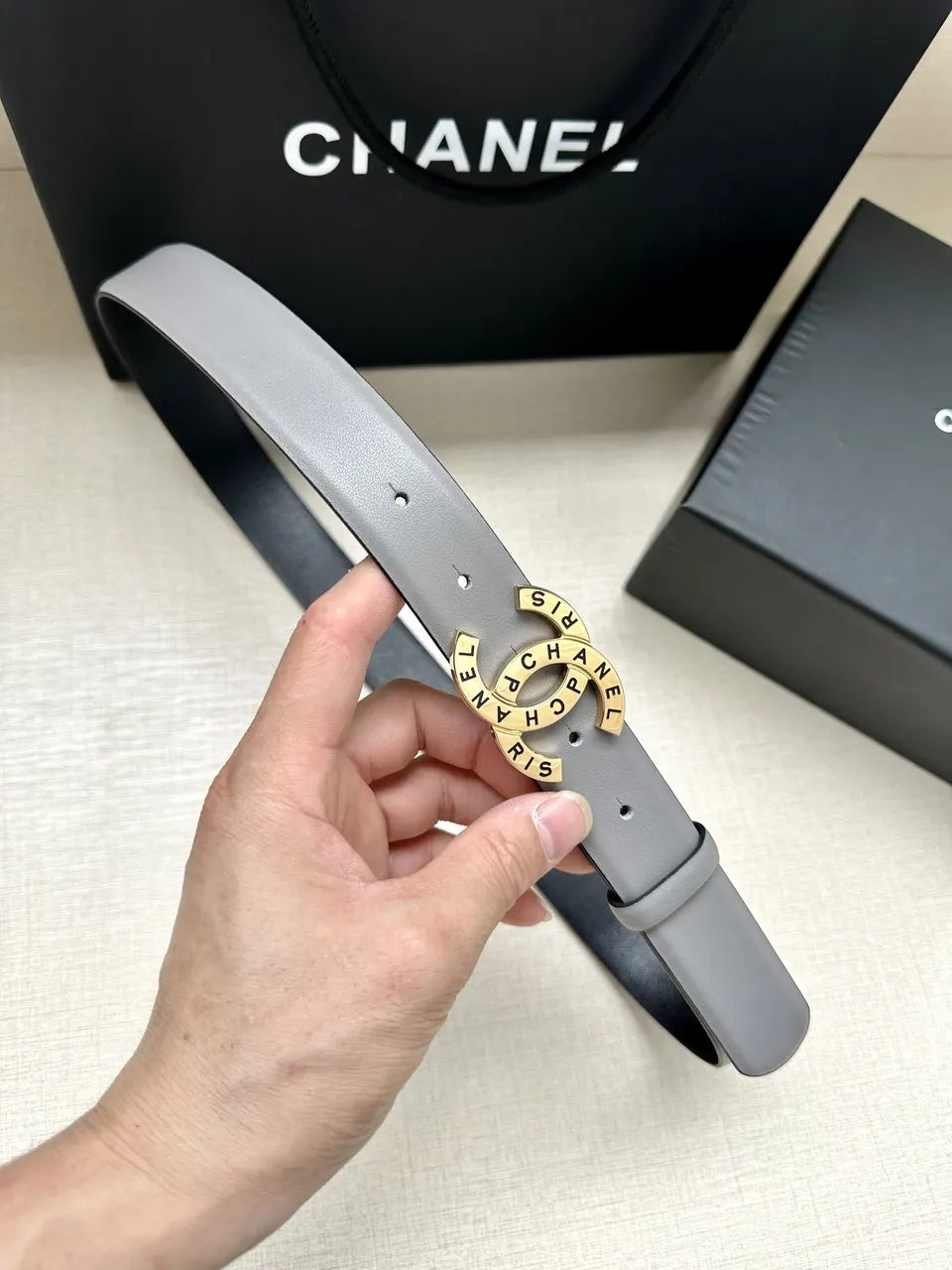silver Chanel Grey Leather Belt - Hình 5