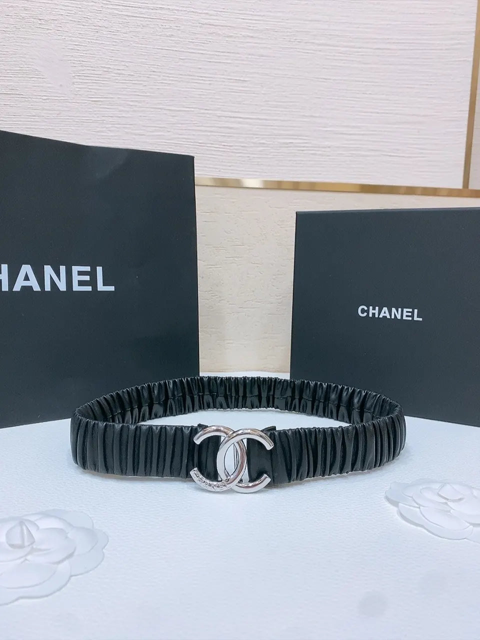 silver Chanel Black Ruched Leather Belt