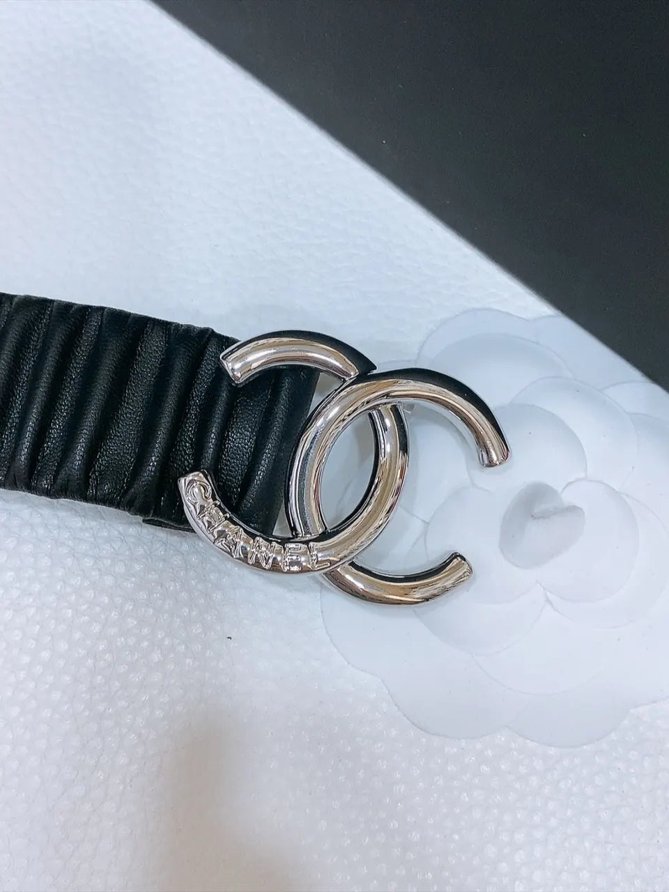 silver Chanel Black Ruched Leather Belt - Hình 2