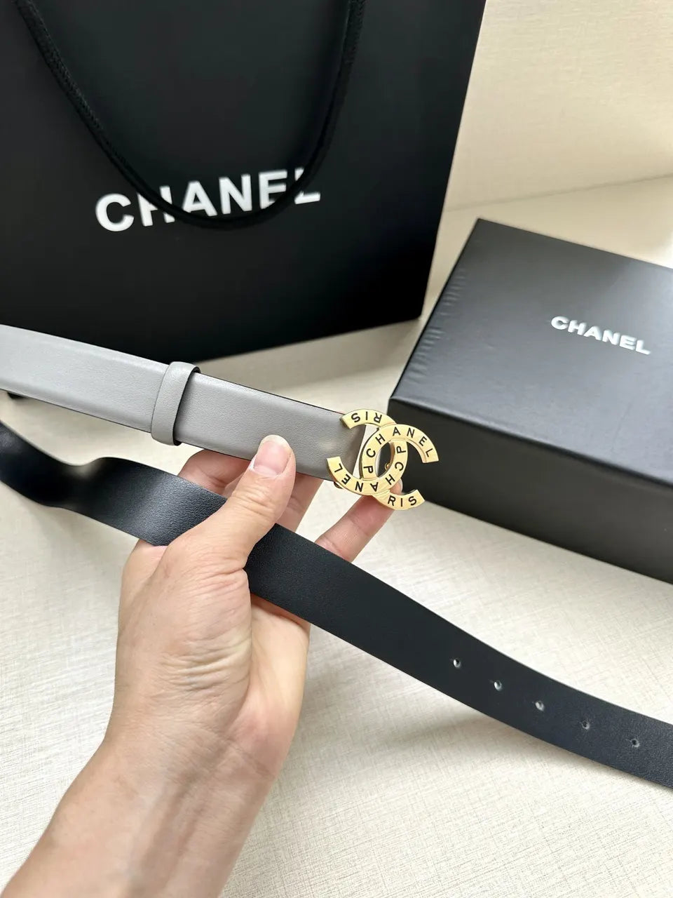 silver Chanel Grey Leather Belt - Hình 6