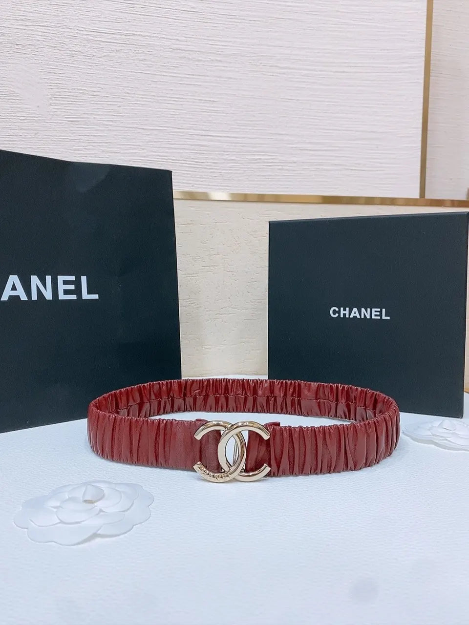 ruched Chanel Bordeaux Leather Belt