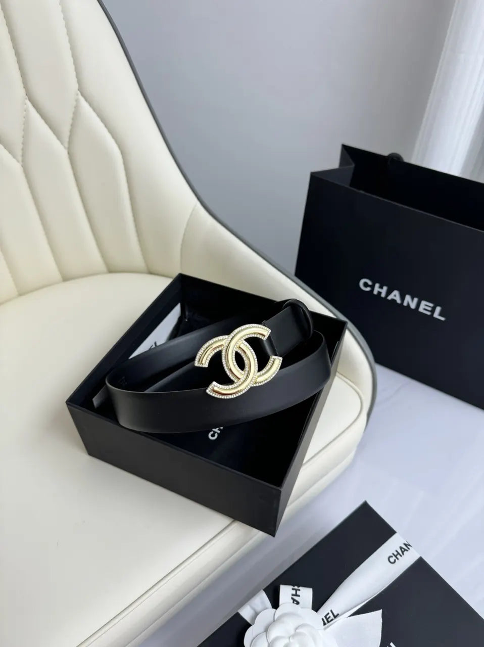 Chanel Black Leather Belt Paved CC