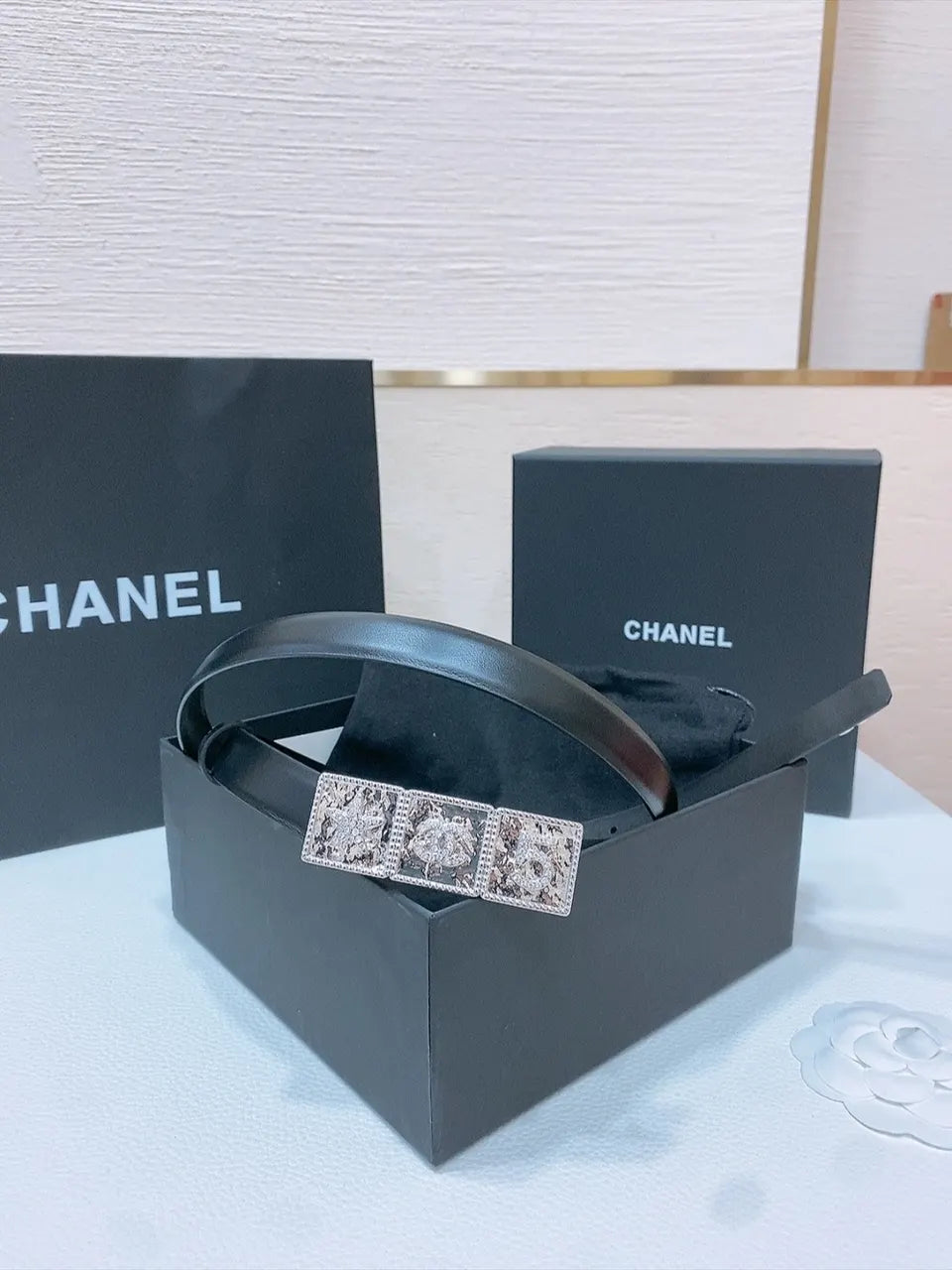 Chanel Black Leather Belt Silver Stamp