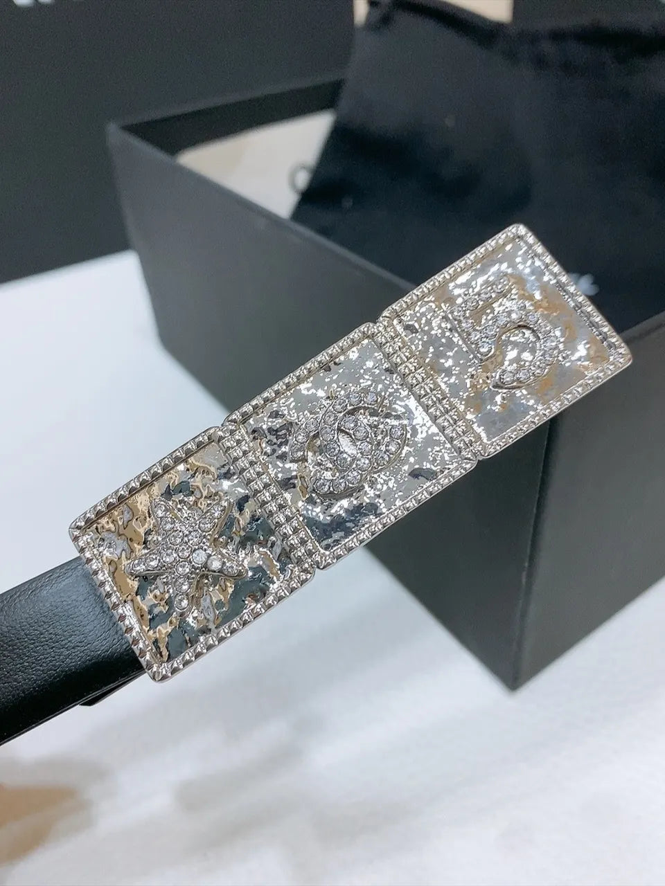 Chanel Black Leather Belt Silver Stamp - Hình 2