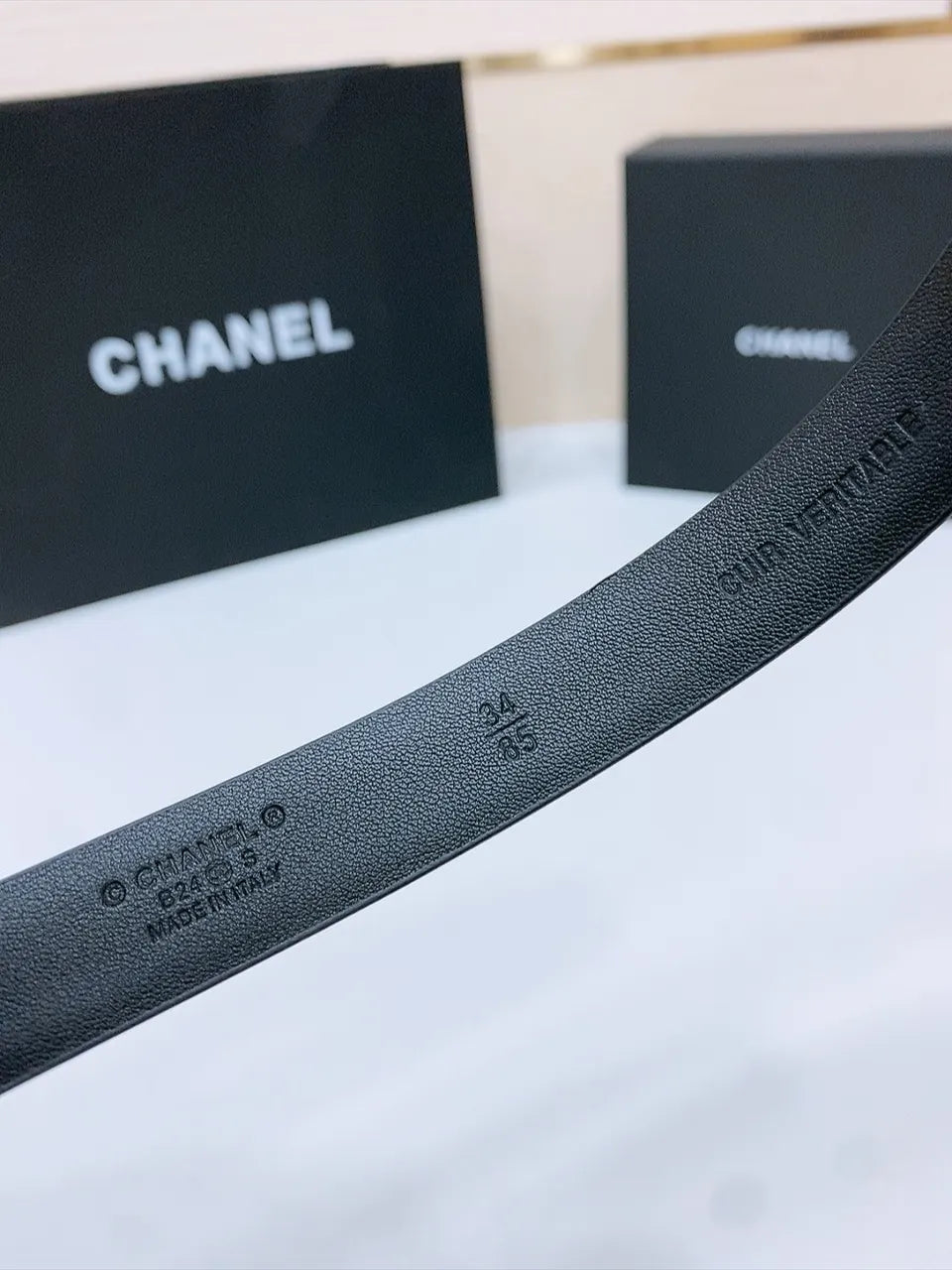 Chanel Black Leather Belt Silver Stamp - Hình 5