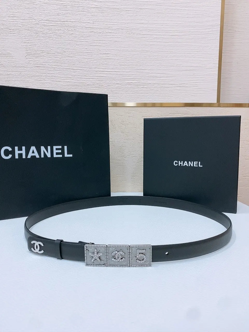 silver Chanel Black Leather Belt