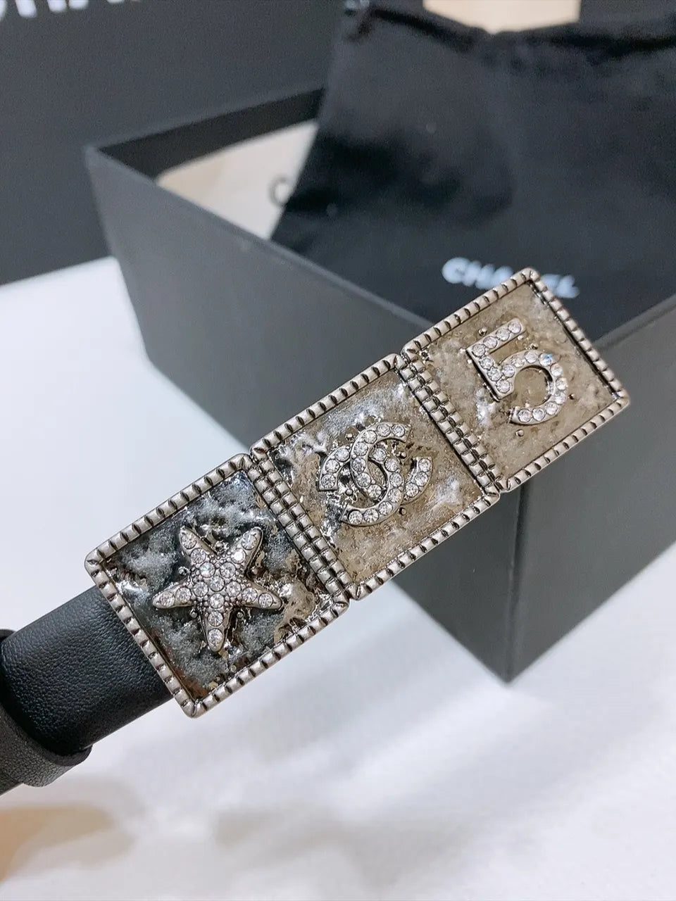 silver Chanel Black Leather Belt - Hình 3