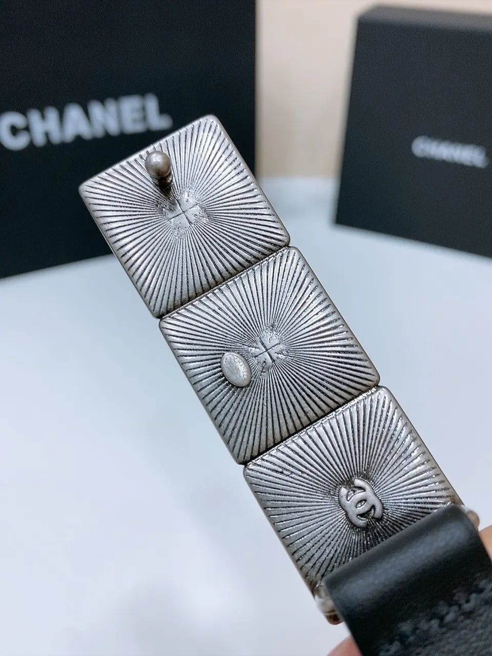 silver Chanel Black Leather Belt - Hình 6
