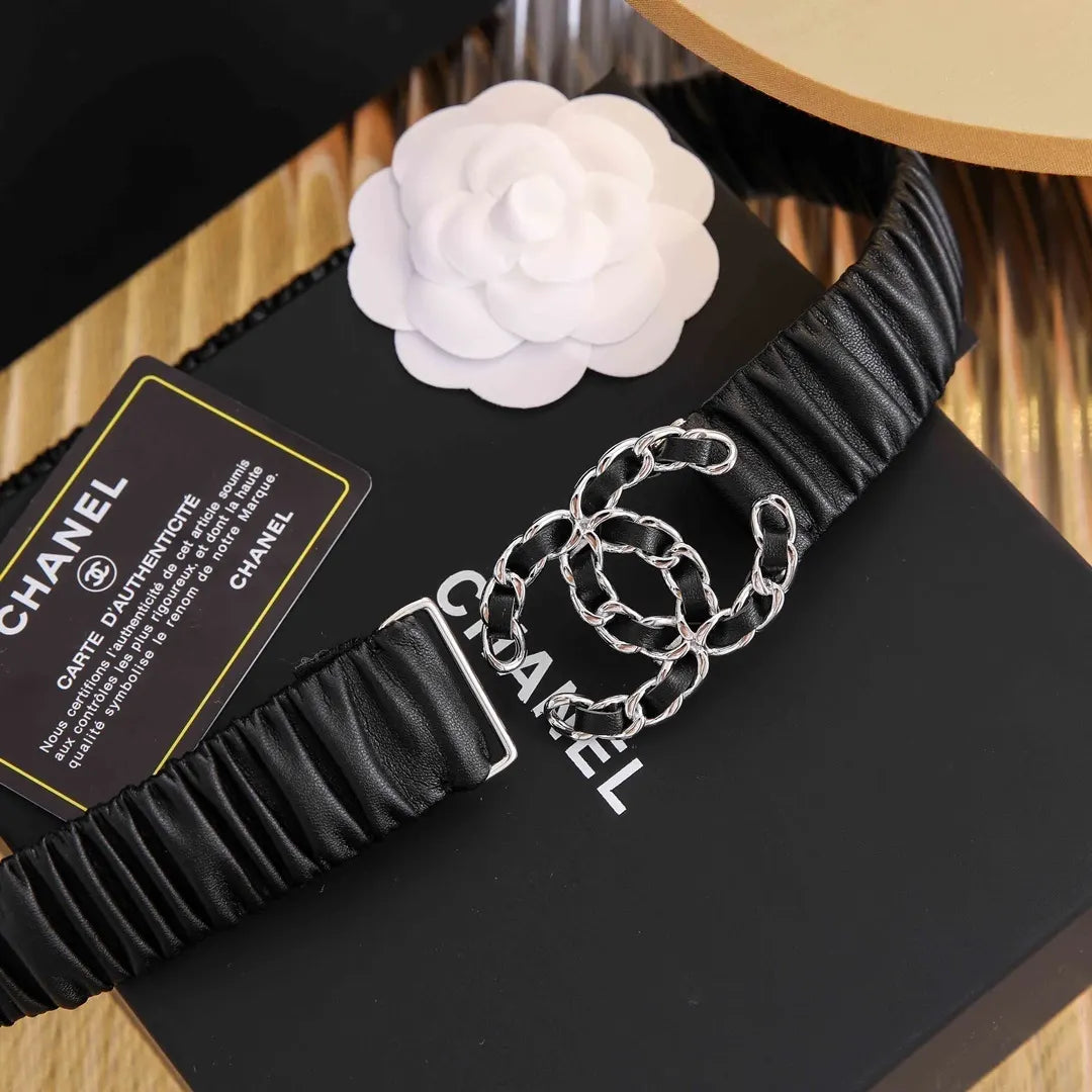 silver Chanel Ruched Black Leather Belt - Hình 2