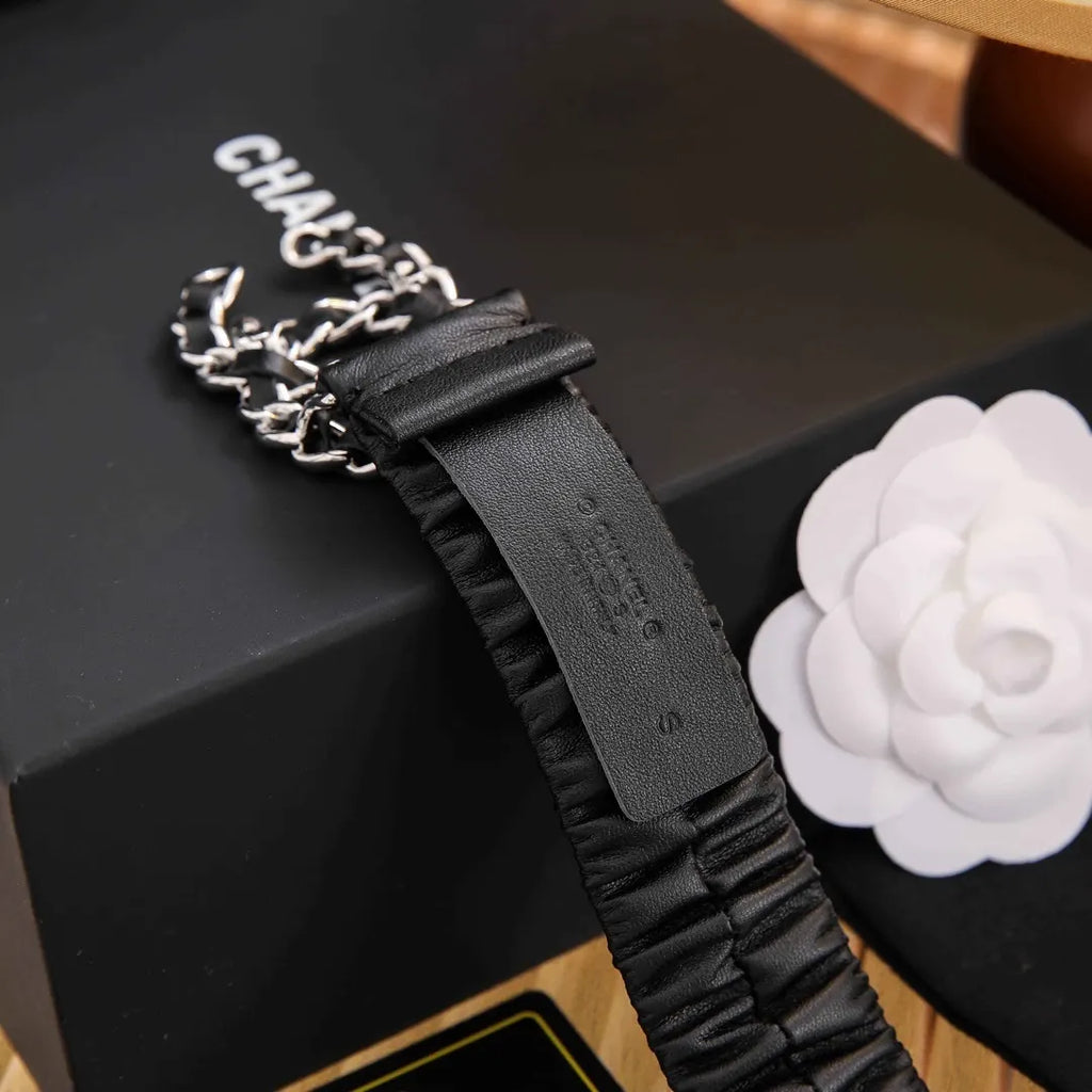 silver Chanel Ruched Black Leather Belt - Hình 3
